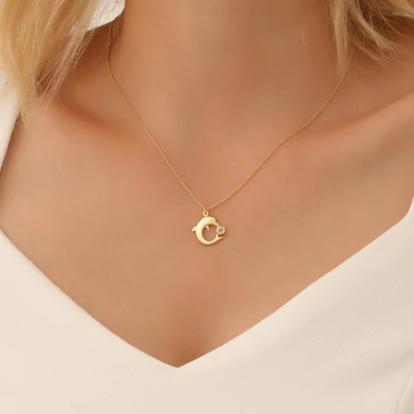 925 Ayar Gümüş Taşlı Yunus Balığı Kolye - Resim 4