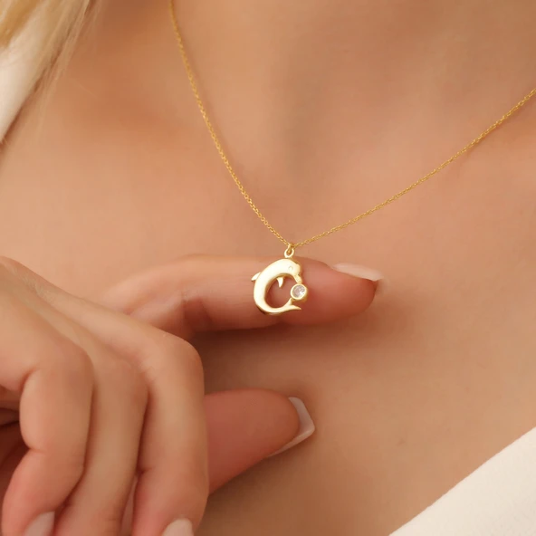 925 Ayar Gümüş Taşlı Yunus Balığı Kolye ürün görseli 1