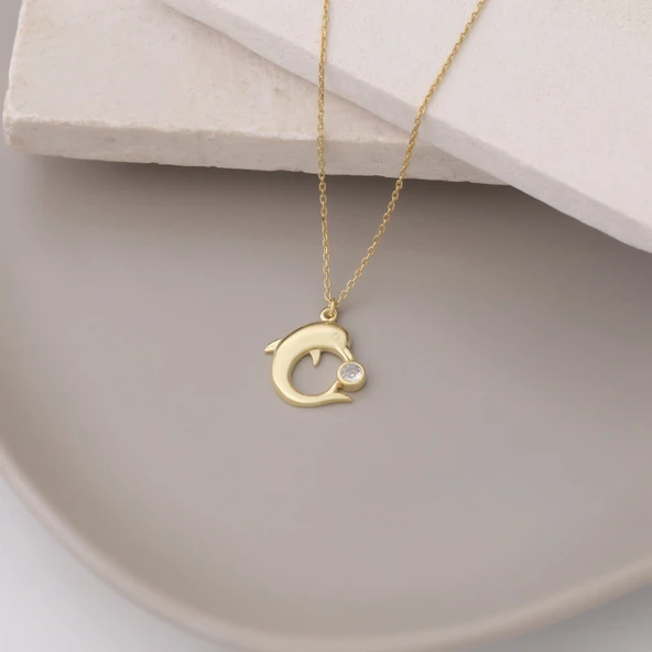 925 Ayar Gümüş Taşlı Yunus Balığı Kolye - Resim 5