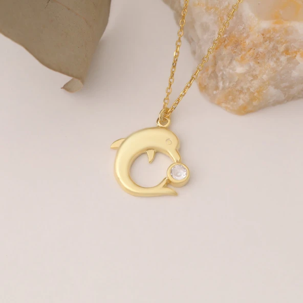 925 Ayar Gümüş Taşlı Yunus Balığı Kolye - Resim 3