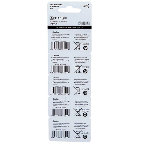 Tianqiu AG3 LR41 Alkalin Saat Pili 10 lu 1.55 Volt Düğme Pil 392 - 2