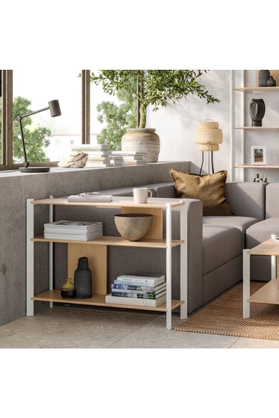 Jattesta Yan Sehpa, Dekoratif Bambu Sehpa Beyaz Renk 95x30 cm - 4