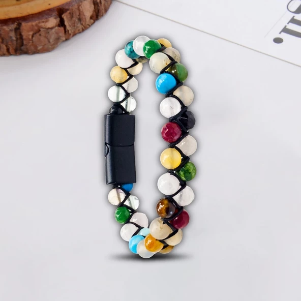 Manyetik Kilitli Karışık Akik Çakra  22 cm 1. Kalite Erkek Doğaltaş Bileklik - Resim 2