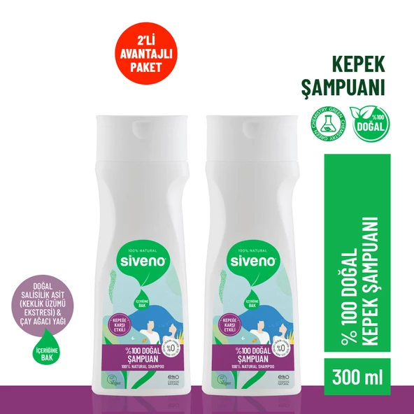 Siveno %100 Doğal Kepeğe Karşı Etkili Şampuan Yağlı Saçlar Çay Ağacı Keklik Üzümü Vegan 300 ml X 2 Adet