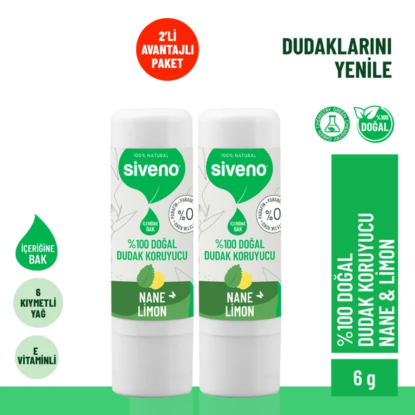 Siveno %100 Doğal Dudak Koruyucu Nane & Limon Lipbalm Krem Nemlendirici Parlatıcı Onarıcı 6 G X2 Adet