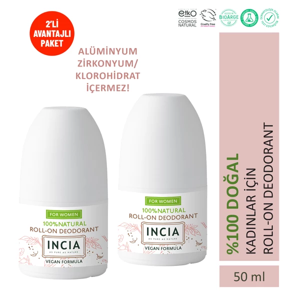 INCIA %100 Doğal Roll On Deodorant Kadınlar İçin Ter Kokusu Önleyici Lekesiz 50 ml X2 Adet