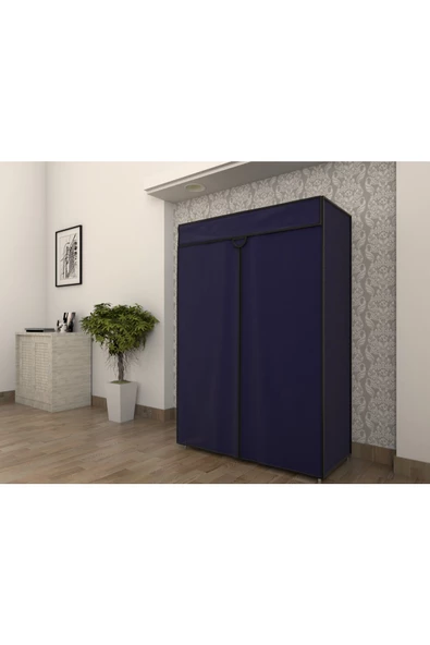 Burak Çelik Borulu Plastik Raflı Lacivert Bez Dolap Gardırop - 2