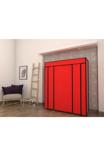 Burak Plastik Profilli Çift Yandan Raflı Kırmızı Bez Dolap Gardırop - 2
