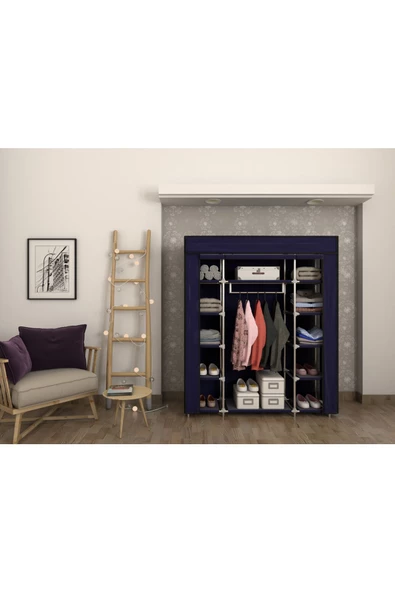 Burak Lacivert Çift Yandan Raflı Bez Dolap Gardrop