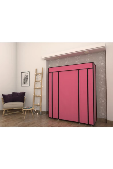 Burak Plastik Profilli Çift Yandan Raflı Pembe Bez Dolap Gardırop - 2