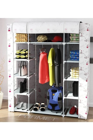 YükselenTicaret Güçlendirilmiş Çelik Profilli 12 Raf+60 Cm Askılık Çift Yandan Raflı Bez Dolap