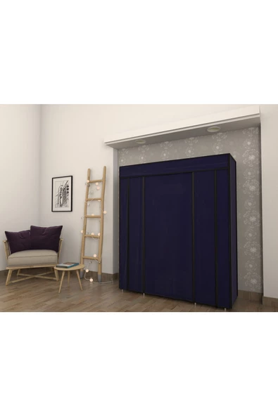 Burak Lacivert Çift Yandan Raflı Bez Dolap Gardrop - 2