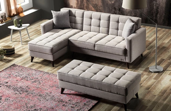 Vipa Orlando Mini Puflu Köşe Koltuk Takımı, R+2+P  Oturma Odası ve Salon İçin, Gri - 7