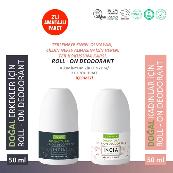 INCIA %100 Doğal Roll On Deodorant Kadın & Erkek Ter Kokusu Önleyici Lekesiz 50 ml Set