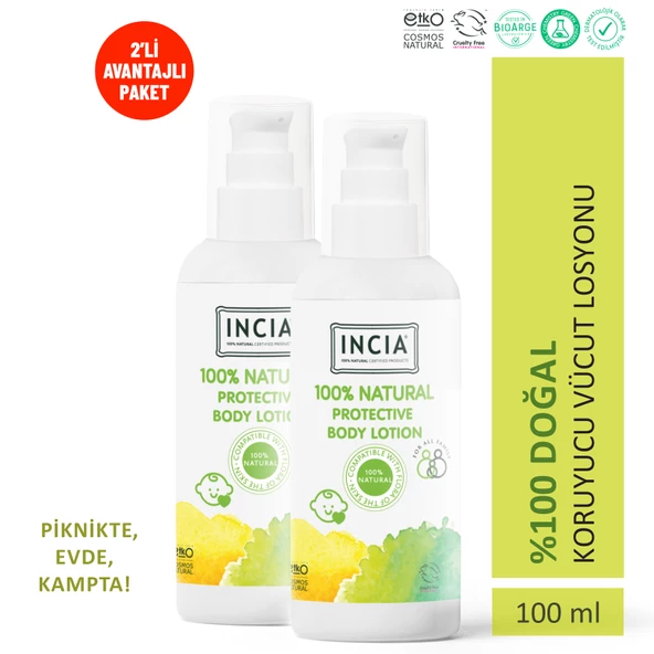 INCIA %100 Doğal Koruyucu Vücut Losyonu Sprey Yenidoğan Bebek Çocuk Limon Okaliptus Vegan 100 ml X2 Adet