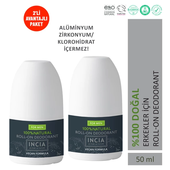 INCIA %100 Doğal Roll On Deodorant Erkeler İçin Ter Kokusu Önleyici Lekesiz 50 ml X2 Adet