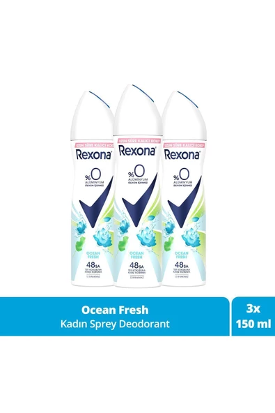 Kadın Sprey Deodorant Ocean Fresh %0 Alüminyum 48 Saat Ter Kokusuna Karşı Koruma 150 Ml X3