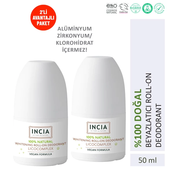 INCIA %100 Doğal Roll On Deodorant Beyazlatıcı Ter Kokusu Önleyici Lekesiz 50 ml X2 Adet