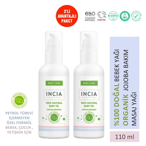 INCIA %100 Doğal Bebek Yağı Organik Jojoba Bakım Masaj Yağı Parafinsiz Bitkisel Vegan 110 ml X2 Adet