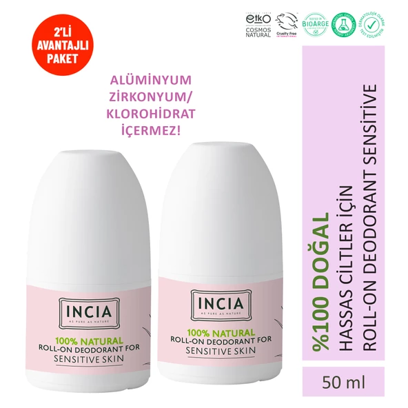 INCIA %100 Doğal Roll On Deodorant Hassas Ciltler İçin Ter Kokusu Önleyici Lekesiz 50 ml X2 Adet