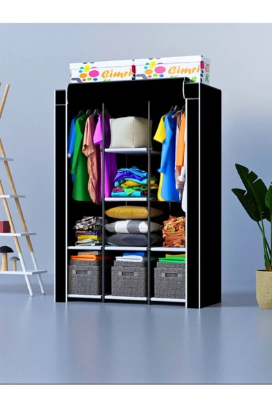 CimriKese Çift Askılı, 8 Bez Raflı, Plastik Profilli, Midi Boy Bez Dolap, Gardırop