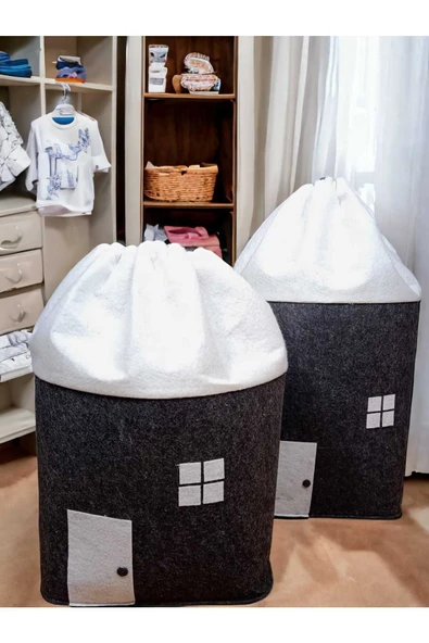 CimriKese 2'li Keçe Ev Desenli Torbalı Çamaşır Sepeti, Oyuncak Sepeti - Resim 2