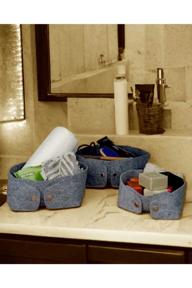 CimriKese 3'lü Keçe Açık Gri Sandal Organizer Set, Çıtçıtlı Düzenleyici Kutu, Dekoratif Kutu - Resim 2