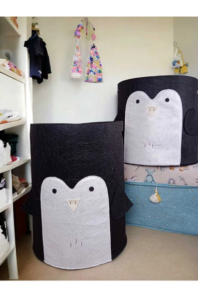 CimriKese 2'li Siyah Penguen Keçe Çocuk Oyuncak Sepeti, Çamaşır Sepeti - 3