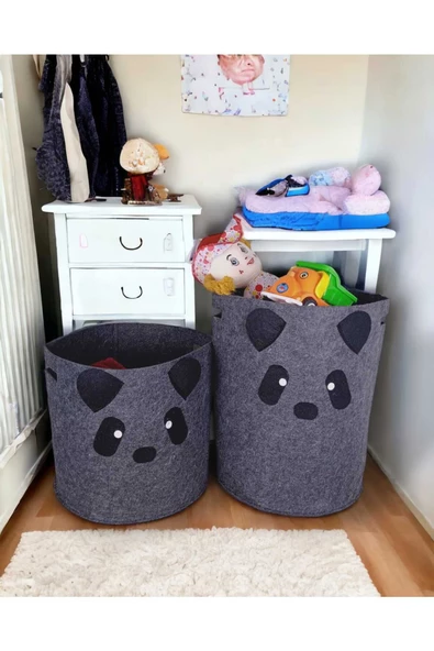 CimriKese 2'li Koyu Gri Panda Keçe Çocuk Oyuncak Sepeti, Çamaşır Sepeti, Dekoratif Sepet, Organizer - 2