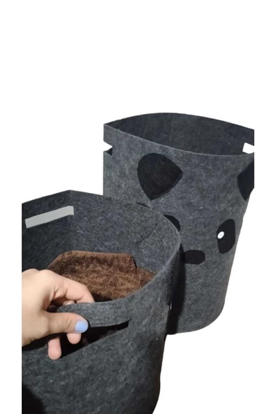 CimriKese 2'li Koyu Gri Panda Keçe Çocuk Oyuncak Sepeti, Çamaşır Sepeti, Dekoratif Sepet, Organizer - 3