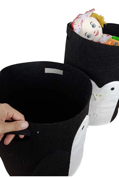 CimriKese 2'li Siyah Penguen Keçe Çocuk Oyuncak Sepeti, Çamaşır Sepeti - 2