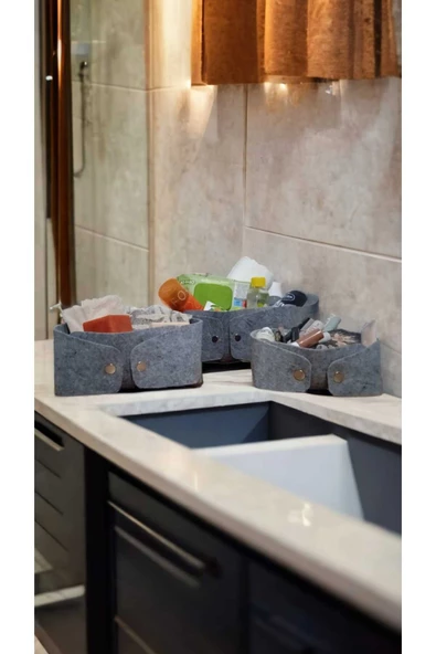 CimriKese 3'lü Keçe Açık Gri Sandal Organizer Set, Çıtçıtlı Düzenleyici Kutu, Dekoratif Kutu - Resim 3