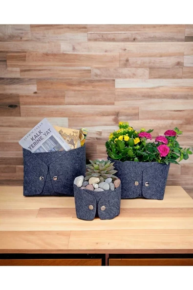 CimriKese 3'lü Keçe Çıtçıtlı Organizer, Dekoratif Kutu, Sepet - Resim 2