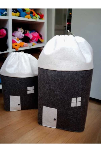 CimriKese Keçe Ev Desenli Torbalı Oyuncak Sepeti, Çamaşır Sepeti Küçük Boy - 2