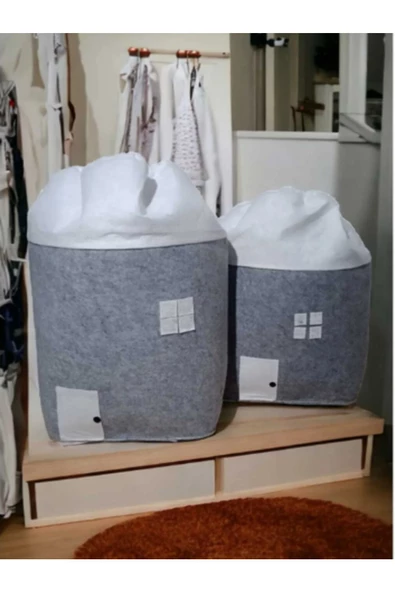 CimriKese Keçe Ev Desenli Torbalı Oyuncak Sepeti, Çamaşır Sepeti Küçük Boy - 2