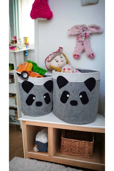 CimriKese 2'li Açık Gri Panda Keçe Çocuk Oyuncak Sepeti, Çamaşır Sepeti