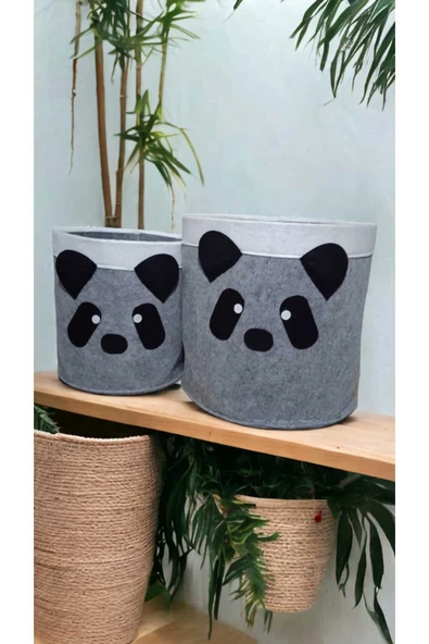 CimriKese 2'li Açık Gri Panda Keçe Çocuk Oyuncak Sepeti, Çamaşır Sepeti - 2