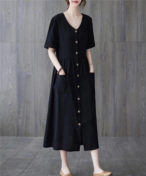 Keten Günlük Rahat V Yaka Beli Büzgü Detaylı Düğmeli Elbise - 3