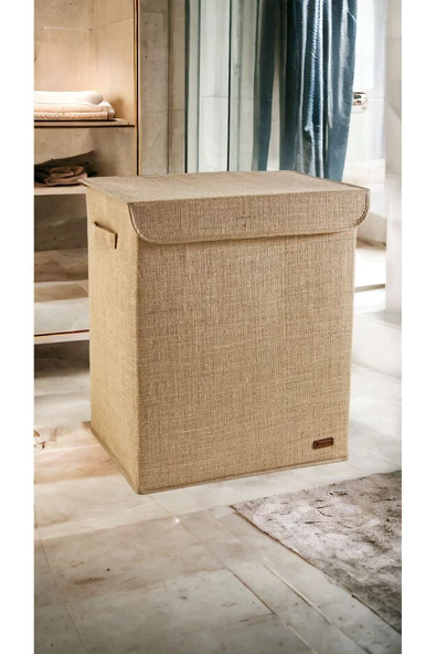PRENDİ HOME Jüt Kapaklı Katlanır Kirli Çamaşır Çocuk Odası Oyuncak Saklama Kutusu Sepet 40x50x30 - 2