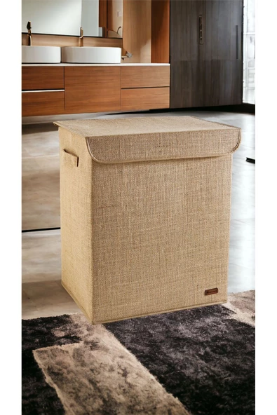 PRENDİ HOME Jüt Kapaklı Katlanır Kirli Çamaşır Çocuk Odası Oyuncak Saklama Kutusu Sepet 40x50x30 - 4