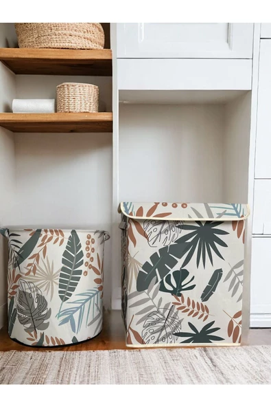 PRENDİ HOME PRENDİ HOME  Yaprak Desenli Silindir Ve Dikdörtgen Büyük Boy Kapaklı Saklama  Kutusu Sepeti 40x50x30