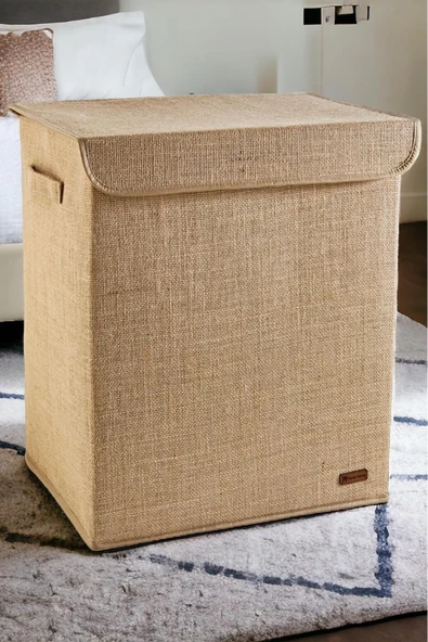 PRENDİ HOME Jüt Kapaklı Katlanır Kirli Çamaşır Çocuk Odası Oyuncak Saklama Kutusu Sepet 40x50x30 - 5