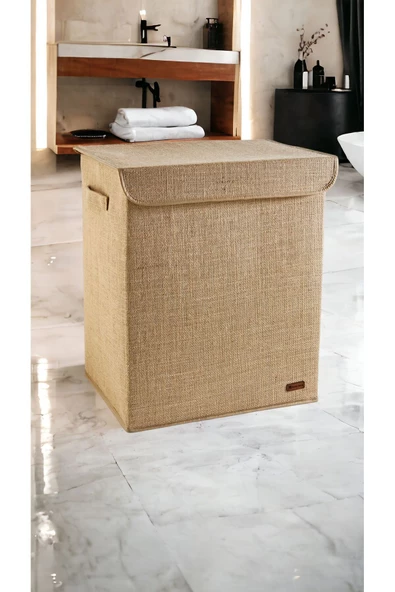 PRENDİ HOME Jüt Kapaklı Katlanır Kirli Çamaşır Çocuk Odası Oyuncak Saklama Kutusu Sepet 40x50x30 - 3