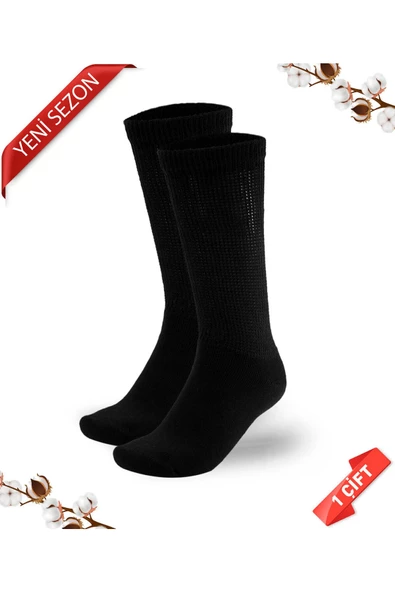 Havlu Taban Diyabetik Siyah Renk Pamuk Dizaltı Çorap 36-40-pdd-101syh (PİRİNÇ ÖRGÜLÜ SIKMAYAN ÇORAP) - 2