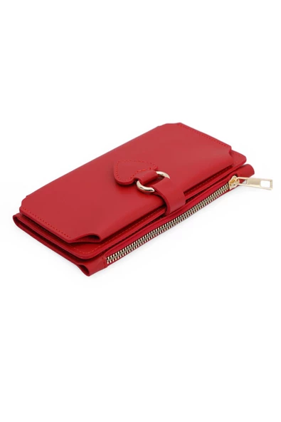 Soft Suni Deri Cep Telefon Bölmeli Trend Kadın Cüzdan Kalp Detaylı  - PRS-Nisa-Kırmızı - 3