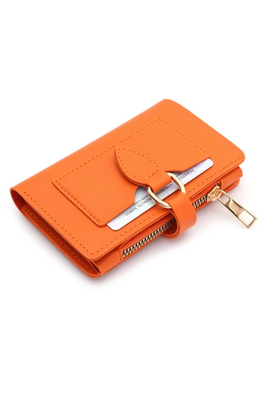 Yumuşak Suni Deri Fermuar Bölmeli Trend Kadın Cüzdan - PRS-Elif-Turuncu - Resim 2