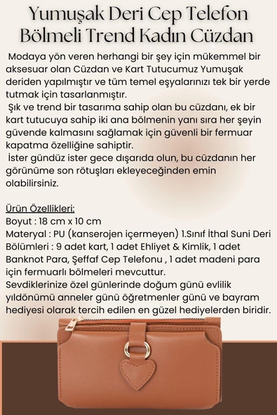 Soft Suni Deri Cep Telefon Bölmeli Trend Kadın Cüzdan Kalp Detaylı  - PRS-Nisa-Kırmızı - 6
