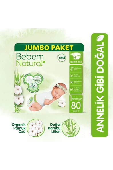 BEBEM NATURAL,Bebek Bezi 1 Beden Yenidoğan Jumbo Paket 80 Adet