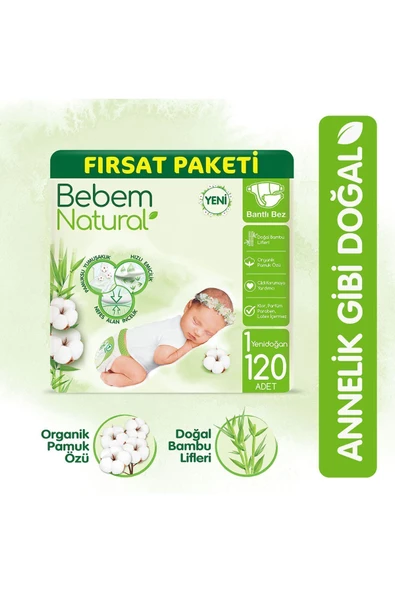 BEBEM NATURAL,Bebek Bezi 1 Beden Yenidoğan Fırsat Paketi 120 Adet