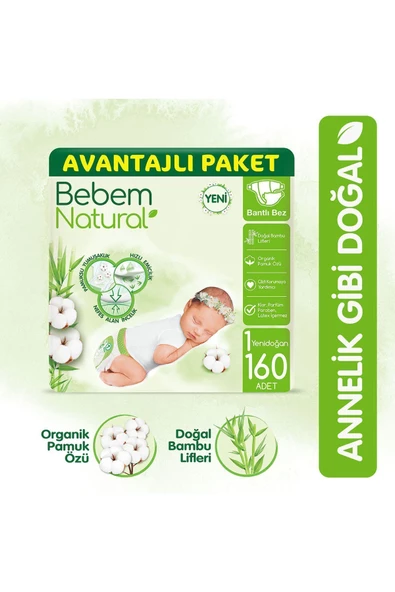 BEBEM NATURAL,Bebek Bezi 1 Beden Yenidoğan Avantajlı Paket 160 Adet